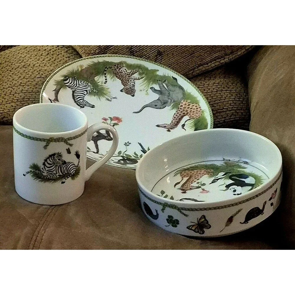 Vtg 1988 Lynn Chase Jungle Party 3Pc Children's Set Plate Bowl Mug Mint Japan